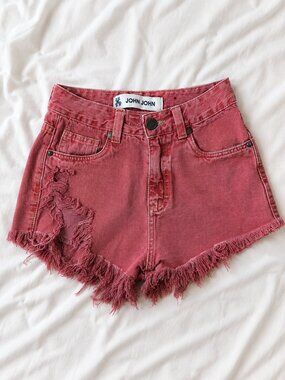 John John Women's XS Rose Pink Denim Distressed Shorts BR 34 US 0-2